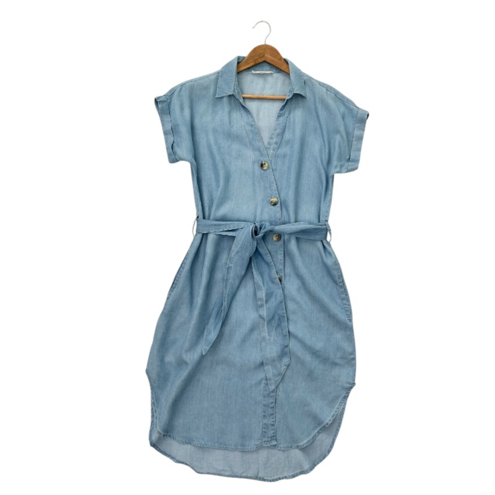 Chambray Belted Button Down Shirt Dress